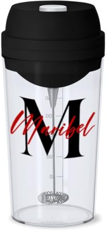 DEREGALOOS Vaso Mezclador Eléctrico Personalizado con Inicial y Nombre. Shaker Recargable para Oficina o Gimnasio. Regalo Original. Diseño Elegante para Café, Batidos o Suplementos (Negro)