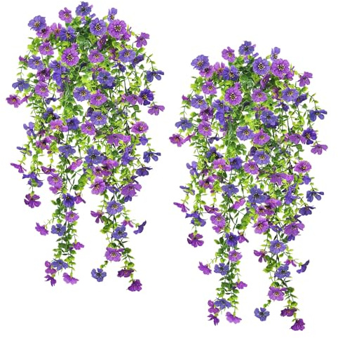 SHEPIN 4 Stück Hängepflanze Künstlich 2 Farben Kunstblumen Hängend Draußen Wetterfest, 75cm Künstliche Hängepflanzen Blumen wie Echt Seidenblumen für Outdoor Terrassen Balkon Blumenampel （Lilarot）