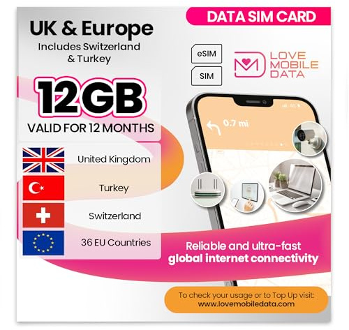 Love Mobile Data Only Sim Card - International Multi-Network 4G/5G Prepaid Data Sim for Mobile Phones, WiFi Routers & More, UK (O2, Three & Vodafone), Europe, Switzerland & Turkey - 12GB for 12 Months