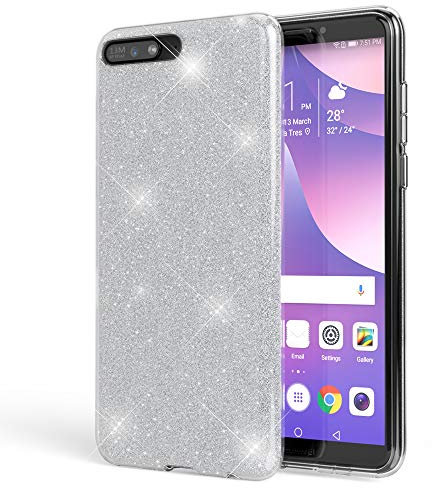 NALIA Handyhülle kompatibel mit Huawei Y6 2018, Glitzer Ultra-Slim Silikon-Case Back-Cover Schutzhülle, Glitter Sparkle Handytasche Bumper Dünnes Bling Strass Smartphone Etui, Farbe:Silber