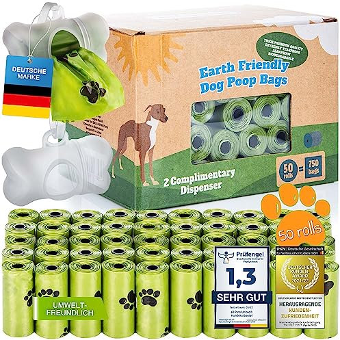 BI0 Hundekotbeutel mit Spender Kompostierbare Kotbeutel für Hunde mit Hundekotbeutelspender 100% Biologisch abbaubare Hundebeutel mit Leinen Halter (750 Beutel: 50 Rollen + 2 Spender)