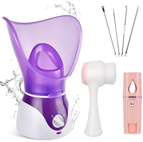 Crybeno Facial Steamer - Nano Ionic Face Steamer for Deep Cleaning, Hot Mist Face Humidifier Set for Women & Men, Moisturizing Cleansing Pores with Blackhead Remover Kit, Purple