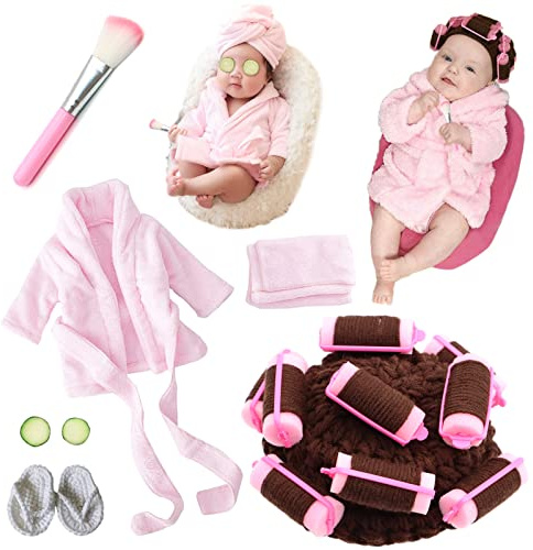 SPOKKI Newborn Photography Props 7 PCS Newborn Girl Photoshoot Outfits Babies Robe Props with Bath Towel Slippers Cucumber Curler Hat Makeup Brush for Infant Boys Girls