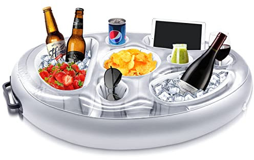 AMOBON Porte Boisson Gonflable, 8 Trous Bar de Piscine Flottant, Porte Gobelet de Boissons Salade de Fruits Buffet Piscine Accessoires Adultes pour Piscine Beach Party Fun (Gray)
