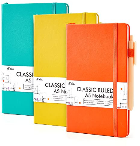 feela Hardcover-Notizbuch für die Arbeit, klassisches liniertes Tagebuch-Set, Schulbedarf, mit 3 schwarzen Stiften, 120 g/m², 13 x 21,1 cm, 3er-Pack, A5, einfarbige Farben, gelb, orange, smaragd