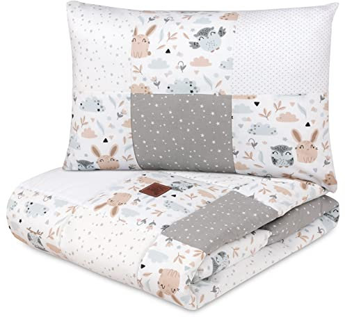 Pepi - Patchwork Baby Bettdecke und Kissen - Baby Decke und Kissen Set - Kinderbettdecke - Bettdecke 100x140 - Kissenbezug 40x60 cm - Baby Bettwäsche - Babybett Set - Baumwolle (Forest Friends)