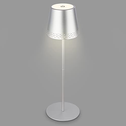 BRILONER - LED Tischlampe kabellos mit Touch, dimmbar in Stufen, höhenverstellbar, Nachttischlampe, Leselampe, LED Lampe, Campinglampe, Tischleuchte, Akkulampe, Outdoorlampe, 38x12 cm, Chrom-Matt
