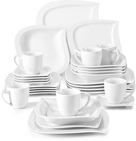 MALACASA Elvira Geschirrset 6 Personen Cremeweiß 30-tlg, Modernes Porzellan Geschirr Set, Tafelservice Kombiservice mit je 6 Speiseteller, Dessertteller, Suppenteller, Kaffeetassen und Untertassen