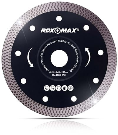 RDXMAX ® 125mm Diamond Cutting Discs for Angle Grinder - Super Thin Fast, Clean Cut on Porcelain, Granite, Marble, Concrete, Tiles, Stones, Bricks & Ceramics- 4.5 Wheel - Size 125 x 1.4 x 22.23mm