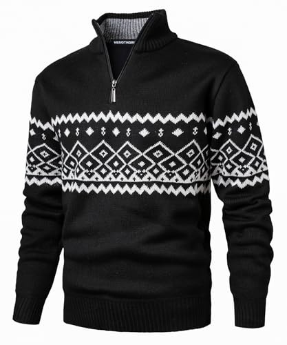 Herothorn Jersey de punto para hombre, cuello redondo, de punto fino, manga larga, forro polar, suéter noruego de punto para Navidad e invierno