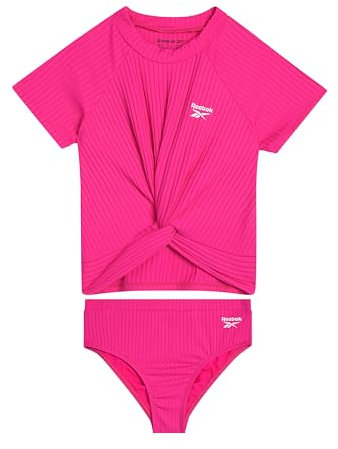 Reebok Mädchen Tankini Set - 2 Stück UPF 50+ Kurzarm Tankini Bikini Badeanzug - 2-teiliger Badeanzug für Mädchen (4-12), neon pink, 5
