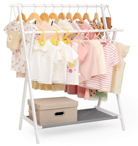 YORBAY Perchero para Ropa de Niños con Estante de almacenamiento, Perchero para Vestir, para Ropa de Niños con Varillas para Colgar, Pequeño y Plegable, Bambú (Blanco)