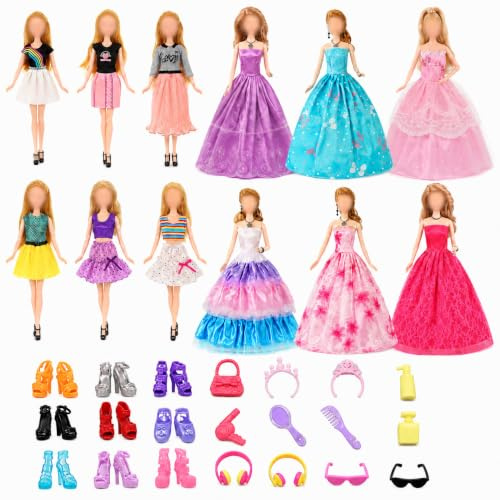 Ensemble de vêtements et d'accessoires pour poupées de Mode de 11,5 Pouces : Robes, Chaussures, Sacs, Couronne, Lunettes et Accessoires de beauté