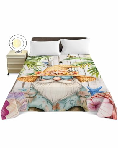 Queen Size Top Sheet Only, Dwarf Seaside Shell Starfish Flat Sheet Microfiber Breathable Soft Bed Sheet, Palm Tree White Wood Grain Hotel Bedding Flat Sheets for Bedroom