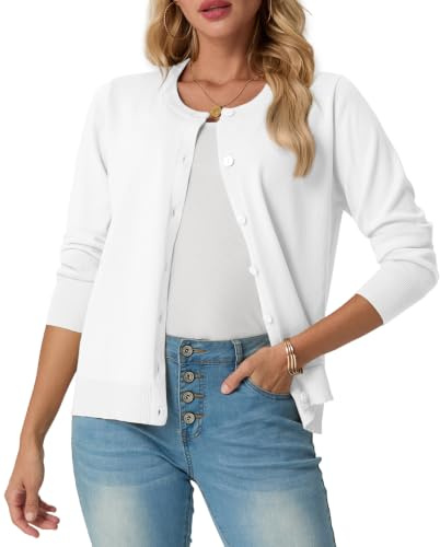 GRECERELLE Cárdigan suave de verano para mujer, bonito y ligero, cuello redondo, manga larga, suéter de punto sólido, suéteres casuales con botones para mujer, noches de verano y citas