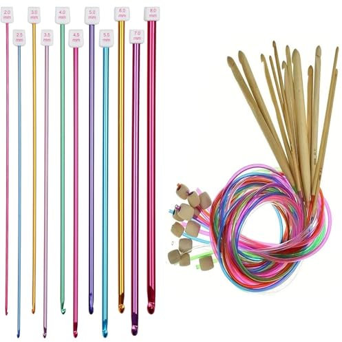 Tunisian Crochet Set with 11 Pcs Aluminium Tunisian Crochet Hooks & 12PCS Bamboo Tunisian Crochet Hooks, Crochet Hook Set for Beginners, Afghan Blanket Making