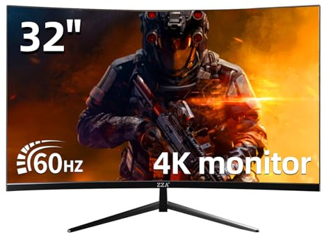 ZZA 32 Inch Curved Monitor 4K, 60HZ UHD (3840 * 2160P) 3000R VA Panel, Gaming Monitor with AMD Freesync, 100% sRGB HDR10 Wall Mountable (HDMI 2.0/DP 1.4 * 2)