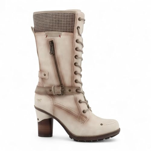 Bottes de Combat à Lacets et Talons Mi-Mollet Blanc Crème Pour Femme Mustang