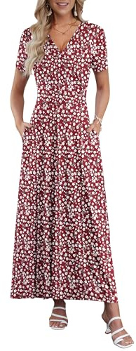 AUSELILY Robe Longue Femme Été Col en V Manches Courtes Robe Ligne A