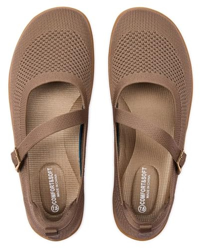 Frank Mully Ballerines Mary Jane pour femme, grandes tailles, chaussures en tricot confortables avec bout large et sangles réglables, café, 38 EU