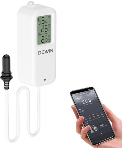 DEWIN Wifi-termometer, hygrometer inomhus- och utomhustermometer med APP-fjärrkontroll + röst, appvarning, datalagring och kalibrering, digital termometer hem för kylskåp, akvarium