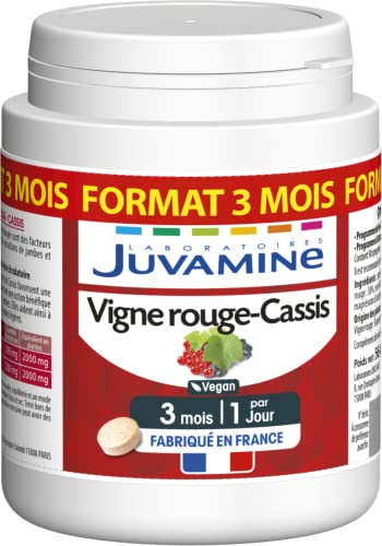 JUVAMINE - Jambes Légères - Vigne Rouge Cassis - Favorise le Bien-Être Circulatoire - Action sur Système Veineux des Jambes - Maxi Format - 90 Comprimés - Programme de 3 Mois - Fabrication Française