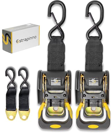 STRAPPINO 2PCS Retractable Ratchet Straps (1 7/8 in x 4 ft) Heavy Duty Tie-Downs with Extension Straps, Bolt Set & Safety Latch S-Hooks,for Boat,ATV