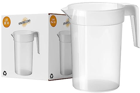 SPARKLERS CLUB Lot de 10 Pichets 1 Litre (1,25L à ras bord) en Plastique Polypropylène (PP) Réutilisable - Pichet Réutilisable,Prise en Main facile, Pichet pour tout évènement