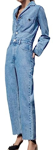 XUSAI Mono de Mezclilla para Mujer de Manga Larga con Botones a la Moda Casual Largo Jean Mono Mamelucos,Azul,XS
