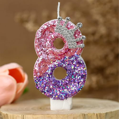 Geburtstagskerzen Zahlen 8, Krone Geburtstag Nummer Kerzen, Glitzernde Zahlenkerze Rosa Lila Zahlenkerzen Kuchenaufsatz für Geburtstag, Jubiläum.(Nummer 8)