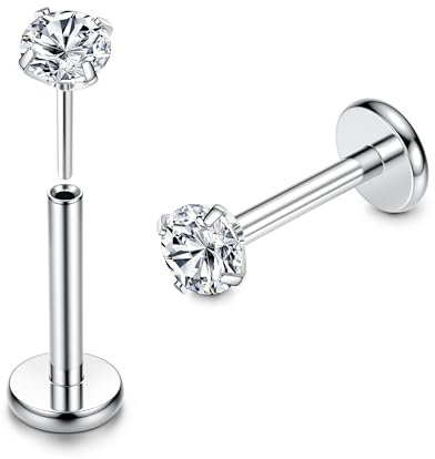 Adramata G23 Titan Lippenpiercing Labret Piercing 16G Threadless Push-in Tragus Piercing CZ Ohrpiercing Schmuck für Monroe/Medusa/Helix/Tragus Ohrring–Nasenpiercing Stecker für Damen Herren(2Pcs),3