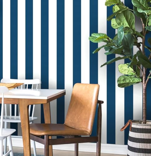 Guvana Papel tapiz autoadhesivo a rayas de 472 x 17.7 pulgadas, papel tapiz autoadhesivo azul y blanco, papel de contacto extraíble, azul marino, impermeable, para armarios de baño, decoración de