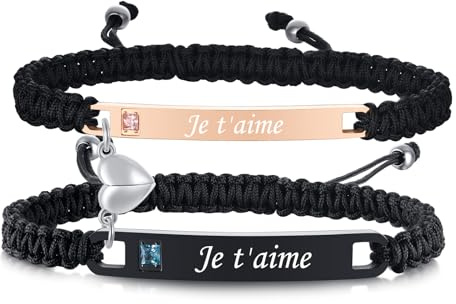 TempBeau Couples Bracelets Hommes Femmes Cadeau : 2Pcs Je t'aime Bracelet Acier Inoxydable réglable Amitié Bracelet pour Amoureux Famille Couple Romantiques Saint Valentin Mariage Cadeau