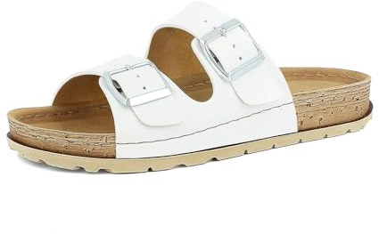 Ciabatte Donna a Doppia Fascia con Fibbie Regolabili, Plantare Imbottito, Bianco, 35