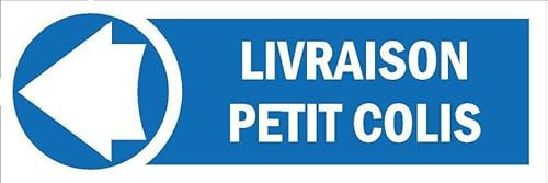 Small package delivery, arrow pointing left, informational sign FR078 - Self adhesive sticker (150mm x 50mm)