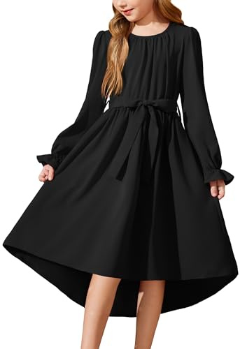 Arshiner Robe en Mousseline de Soie pour Filles - Manches Longues, Décontractée, d'Halloween Noire, de Soirée Automne Hiver avec Ceinture - 7-8 Ans