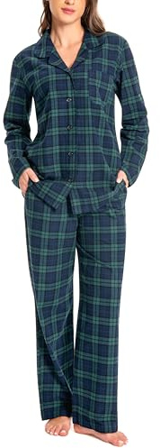 Nutria Pigiama da donna, 100% cotone, in flanella, a maniche lunghe, con colletto aperto, bottoni, parte inferiore lunga, biancheria da notte invernale, loungewear con scollo a V, maglietta e