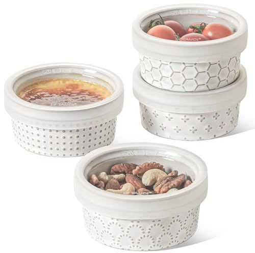 LE TAUCI Set di 4 pirottini con coperchio, 113,4 g, per creme brulée, soufflé, salse, contenitori per alimenti in ceramica, ideali per avanzi, 9,7 cm, set da 4, colore: bianco artico