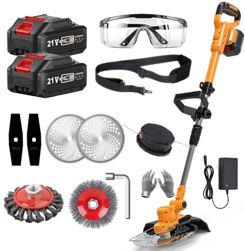 Desbrozadora de batería de 21 V, corte de borde inalámbrico con batería, desbrozadora eléctrica inalámbrica con 2 baterías de 4,0 Ah para jardín podado (naranja)