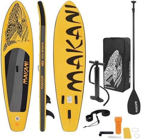 ECD Germany Tabla Hinchable de Paddle Surf Sup Makani 320 x 80 x 15 cm de PVC con Bomba de Aire, Bolsa de Transporte y Accesorios, Placa Stand Up para Adulto y Niño Carga hasta 120 kg, Color Amarillo