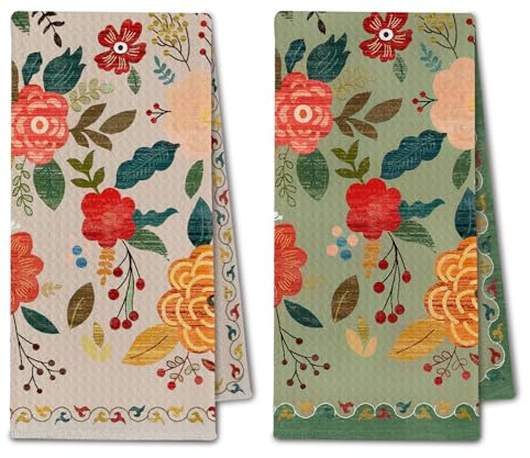 ChissNook Vintage Boho Floral Kitchen Towels, Retro Colorful Flower Dish Tea Towels Drying Cloth for Kitchen, Boho Wildflower Green and Beige Decorative Hand Towels for Bathroom, 16x24 Inch Set of 2