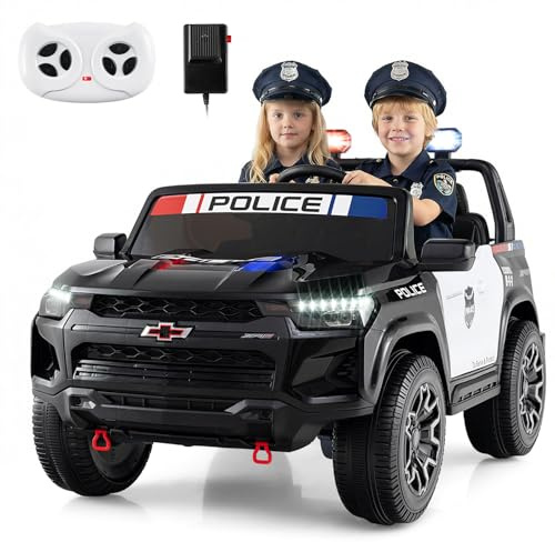 Costzon 2-Seater Ride on Police Car, 24V 4WD Licensed Chevrolet Kids Electric Vehicle with Megaphone, Siren, LED Flashing Lights, Storage Trunk, Toddler Remote Control Toy Car, Gift for Boys Girls