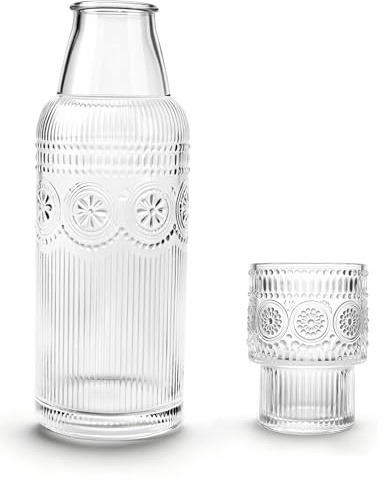 DmmyAlzx Bedside Water Carafe and Glass Set, 20.5oz Glass Pitcher with 6oz Tumbler Lid, Nightstand Water Container & Mouthwash Dispenser for Bedroom & Bathroom, Sunflower-Pattern