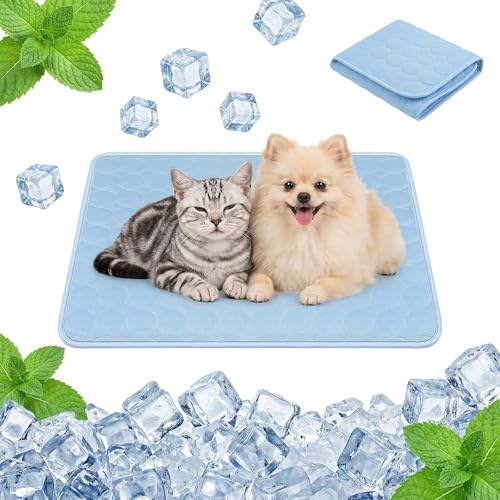 Qoosea Tappetino Rinfrescante per Cani e Gatti, Tappeto Refrigerante in Seta di Ghiaccio per Animali, Piccola Cuscino cane Tappeto Lavabile Materassino Coperta Rinfrescante in Estate (50 * 40CM, Blu)