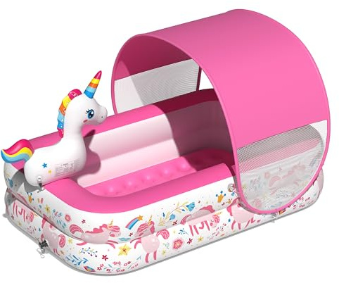 JOSEN Unicorn Kiddie Pool with Canopy and Sprinkler, Inflatable Baby Pool with Soft Cushioned Floor, Portable Toddler Pool Ball Pit for Backyard, Outdoor/Indoor Play Toys Girls Birthday Gift(Pink)