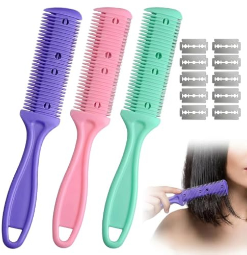 Peine de Afeitar para el Pelo 3 Piezas con 10 Hojas de Acero Inoxidable, Cortapelos Manual de Doble Cara para Adelgazar, Cortar Puntas Abiertas y Crear Degradados, Herramienta de Peluquería en Casa