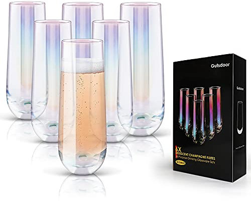 Gutsdoor Radiance White Pearl Luster Stemless Champagne Flutes Glasses Set of 6-290ml(10 Ounce) Elegant All-Purpose Wine Drinking Glassware Beverage Cups for Water, Juice, Beer, Whiskey & Bar Decor