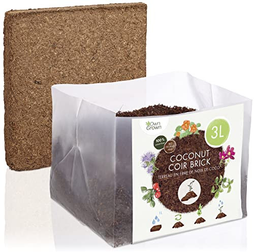 OwnGrown Terreau Coco avec nutriments: 3L de terreau de Coco Premium sans Tourbe - Terre Coco pressée pour Plantes d'intérieur, de Potager, de Jardin et de Balcon - Terreau de Culture pour semis
