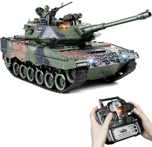 Supdex 1:18 RC Tank, 2.4Ghz German Leopard II Remote Control Tank Model Toys, Battle Army Tank 15 Channel with Smoke Light and Sound, Military Toy for Adults and Kids That Shoots BBS