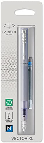 PARKER Vector XL Fountain Pen Silver Blue Metallic Paint on Brass Medium Nib Blue Ink Cartridge Blister
